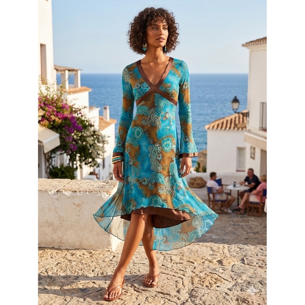 Cache VNTG Y2K Paisley Fairy Dress Asymmetrical Flow High-Low Hem Sz 10